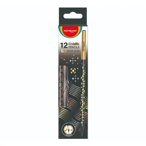 Creion grafit Keyroad HB, corp rotund negru imprimat cu desen holgrafic, fara guma de sters, 12 bucati set