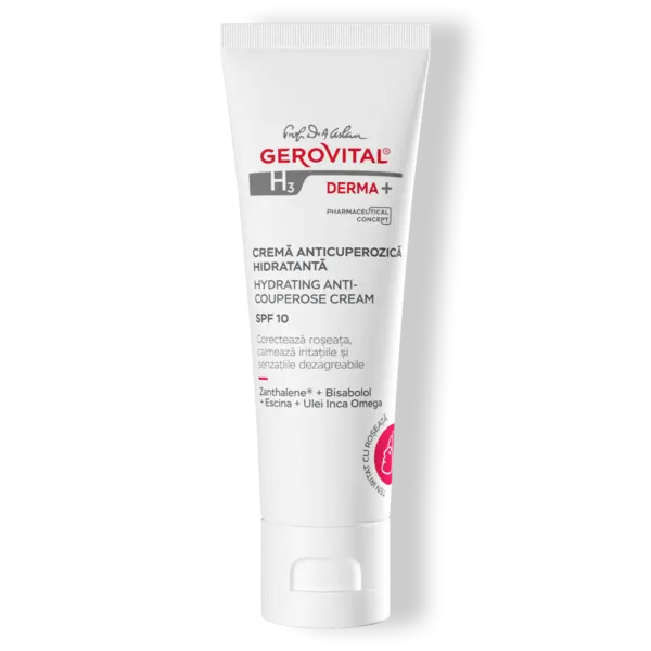 Cremă Anticuperozică Hidratantă Spf 10 Roșeață și Iritații Reduse, Gerovital H3 Derma+, 50 Ml