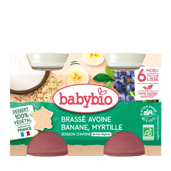 Crema din lapte de ovaz cu banane si afine Bio, 2 x 130g, BabyBio