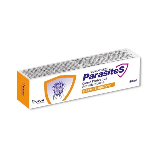 Crema protectiva antimicrobiana cu Permetrina 5% Parasites Santaderm, 50 ml, Viva Pharma