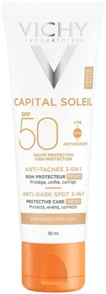 Cremă tonifiată Vichy Capital Soleil împotriva petelor pigmentare 3 în 1, SPF50+, 50 ml