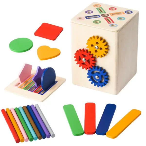Cub Montessori din lemn 6 in 1 cu sortator forme, angrenaje si activitati educative