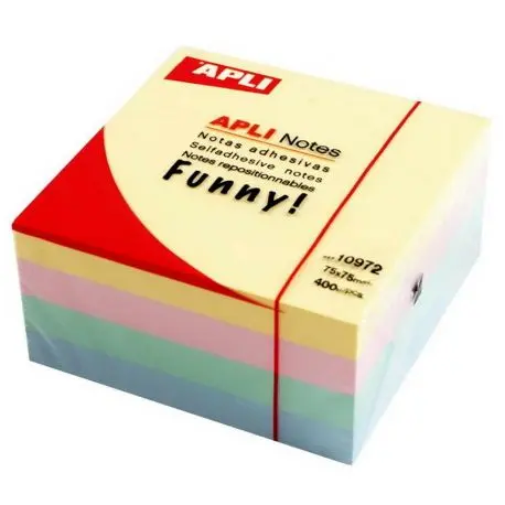 Cub notite adezive APLI - 4 culori pastelate, 75 x 75 mm, 400 bucati