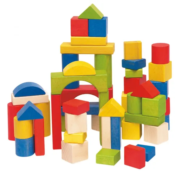 Cuburi din lemn colorate si naturale, set constructie 50 piese