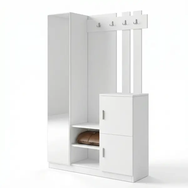 Cuier cu pantofar Fistik cu oglinda si 2 compartimente, Alb, 114x180x35 cm