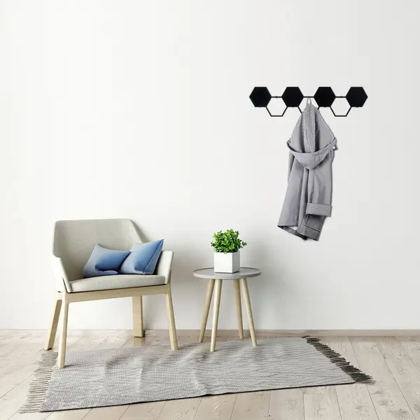 Cuier de hol metalic Hexagon, Negru, 16x60 cm