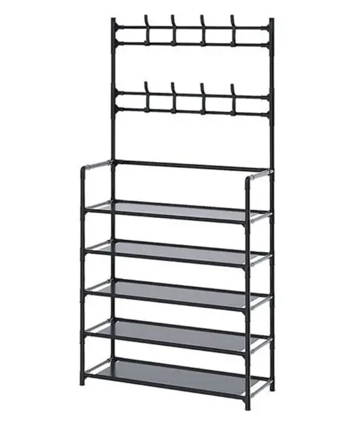 Cuier haine cu 5 rafturi pentru incaltaminte 8 carlige metalic negru 80 X 27.5 X 172 cm