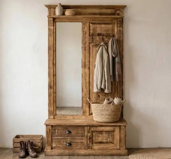 Cuier ornamentat cu oglinda, 1 usa, 2 sertare cu finisaj Chestnut Brown