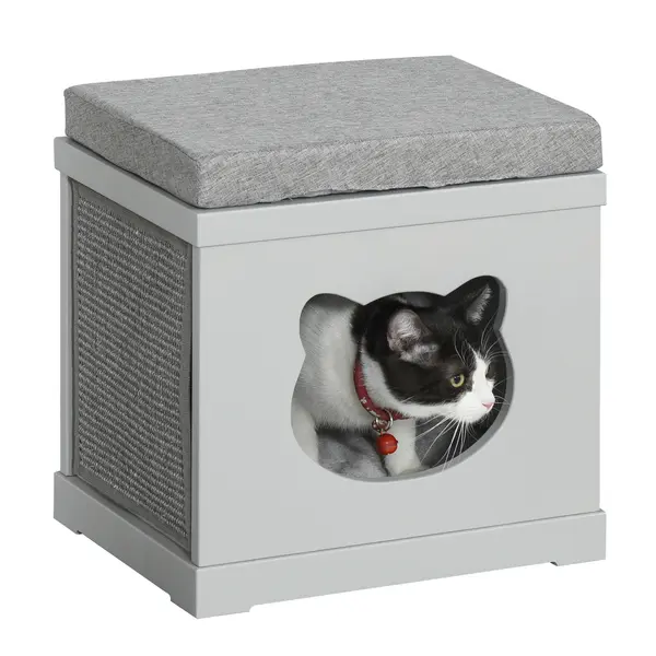 Culcus din lemn pentru pisici cu 2 covorase pentru zgariat 41x30x36 cm gri PawHut | Aosom Romania