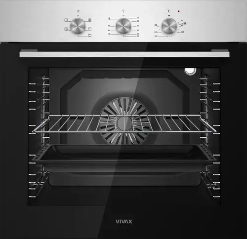 Cuptor incorporabil VIVAX BO-806BFTM X, Electric, Clasa A, Capacitate 80 l, 5 programe + Lumina, Grill, Convectie, Temperatura ajustabila 40–240°C, 2500W, Timer, Ghidaje cromate detasabile, Usa dubla din sticla, Ventilatie tangentiala de racire (Inox)