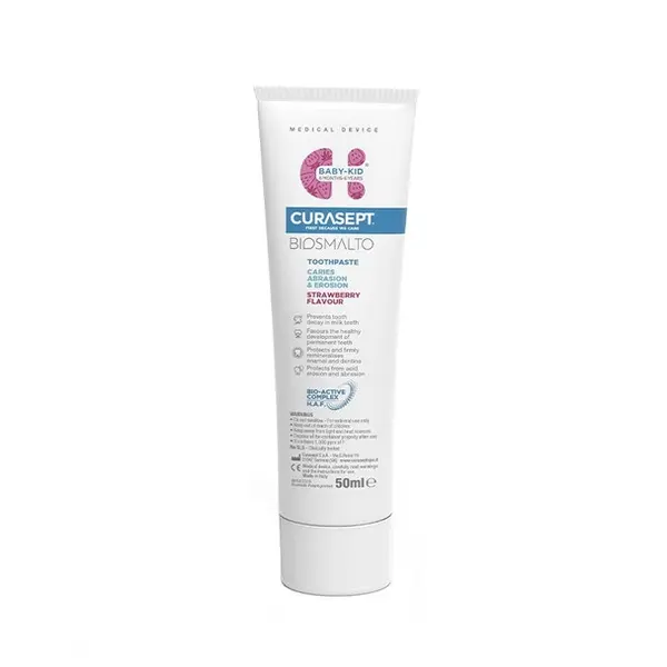 Curasept Pasta De Dinti Cu Fluor Baby-Kid Aroma De Capsuni Biosmalto, 50 Ml