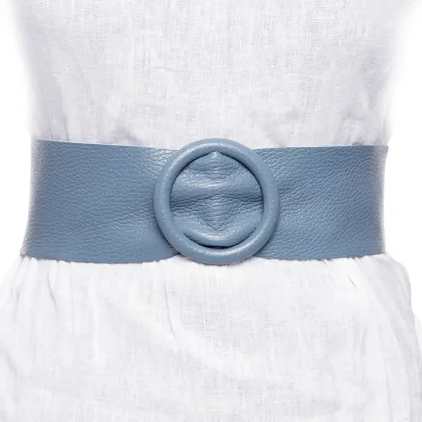 Curea albastru jeans din piele naturala cu latime de 7 cm, catarama rotunda imbracata in piele
