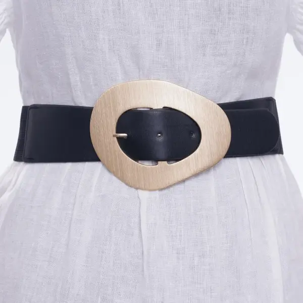 Curea din piele ecologica neagra cu catarama neregulata aurie si elastic la spate