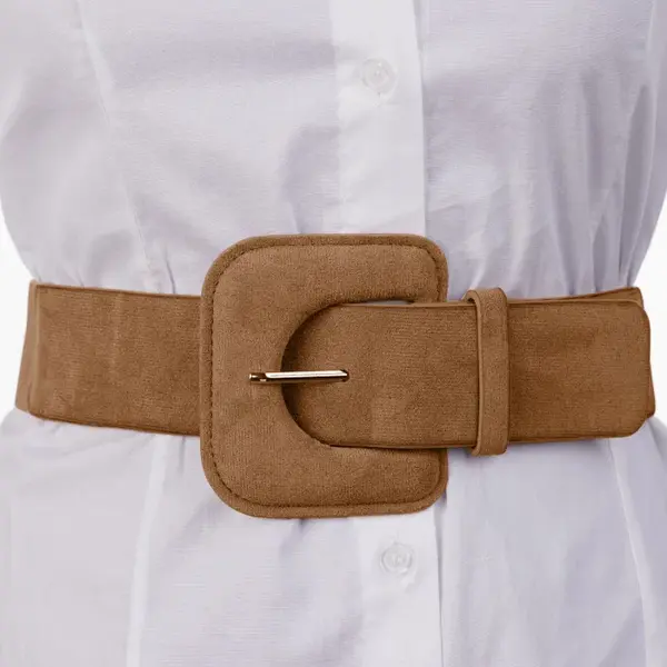 Curea elastica cu piele intoarsa ecologica camel si catarama dreptunghiulara cu colturi rotunjite