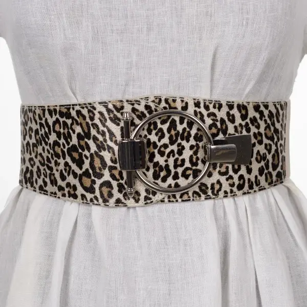 Curea elastica din piele ecologica bej cu animal print si catarama ovala argintie