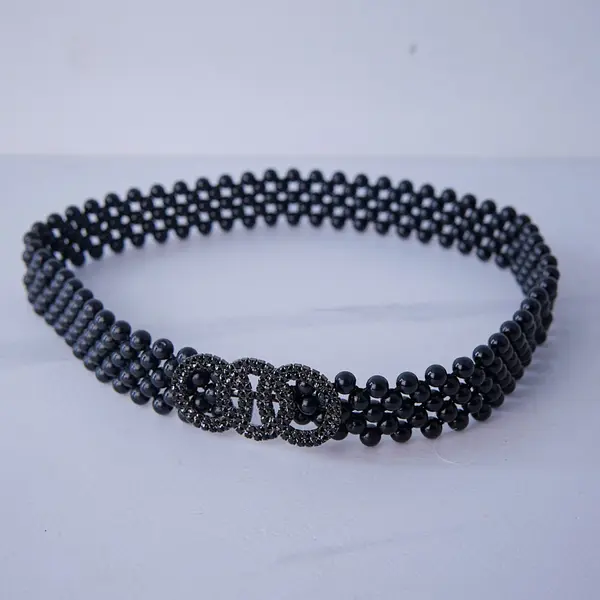 Curea elastica Pearly, catarama metalica decorativa si perle, Olimpic Negru