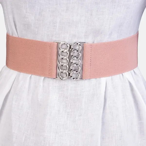 Curea lata roz prafuit de 6 cm, din material elastic cu catarama argintie