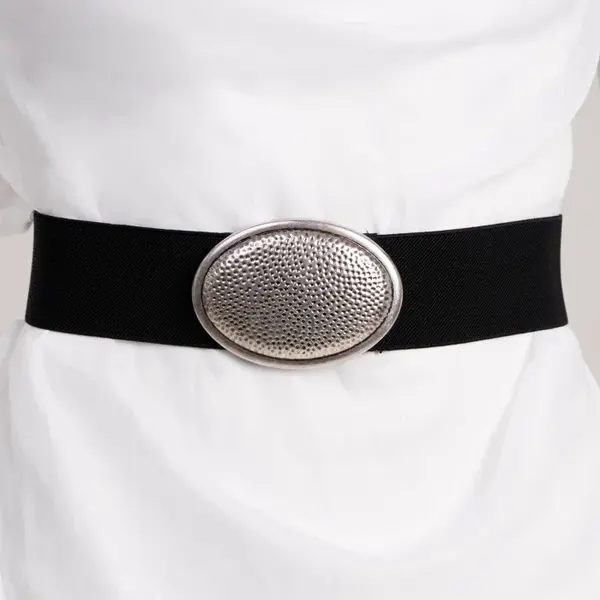 Curea neagra elastica cu catarama tip pafta, ovala texturata argintie