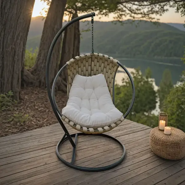Cusca Makito Pakoworld Swing Nest cu baza metalica neagra - PVC in culoarea bej-gri 100x105x195cm text_romana: Makito Pakoworld Swing Nest cu bază din metal negru – PVC în culoarea bej-gri, 100x105x195 cm.
