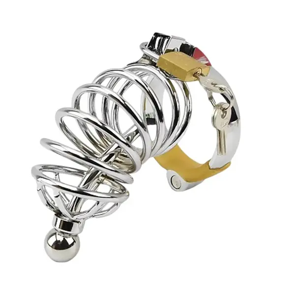 Cușcă pentru penis IMPOUND Corkscrew Male Chastity, pentru castitate bărbați, cu 3 inele pentru penis, din metal, culoare argintiu, diamentru 4.5 cm