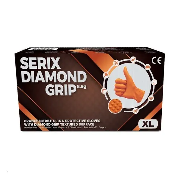 Cutie 50x Manusi Nitril, Serix, Grip, Rezistente la Perforare si Chimicale, Nepudrate, Diamantat Texturate, Portocalii, Marimea XL