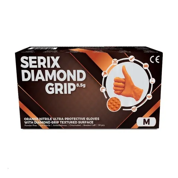 Cutie 50x Manusi Nitril, Serix, Grip, Rezistente la Perforare si Chimicale, Nepudrate, Diamantat Texturate, Portocalii, Marimea M