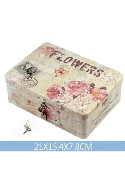 Cutie Decorativa Metalica cu lacat, Patrata, Model Flowers, 21x15.4x7.8cm