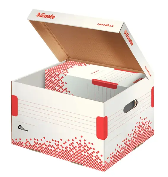 Cutie depozitare cu capac carton reciclat si reciclabil cu capac alb Esselte Speedbox Cutie depozitare cu capac carton reciclat si reciclabil cu capac alb Esselte Speedbox