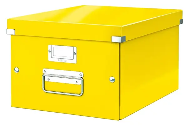 Cutie depozitare Leitz WOW Click & Store, carton laminat, partial reciclat, pliabila, cu capac si maner, 28x20x37 cm, galben Cutie depozitare Leitz WOW Click & Store, carton laminat, partial reciclat, pliabila, cu capac si maner, 28x20x37 cm, gal