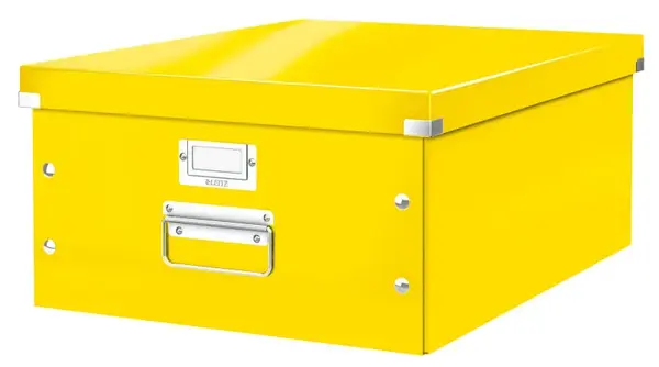Cutie depozitare Leitz WOW Click & Store, carton laminat, partial reciclat, pliabila, cu capac si maner, 36x20x48 cm, galben Cutie depozitare Leitz WOW Click & Store, carton laminat, partial reciclat, pliabila, cu capac si maner, 36x20x48 cm, gal