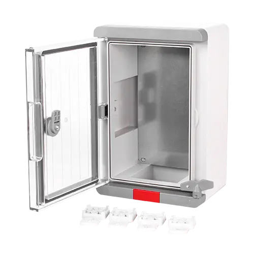 Cutie distribuție exterior IP67 ABS gri, ușă transparentă, placă oțel galvanizat, 200x300x130 mm, PS203013