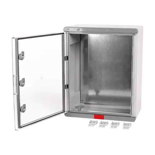 Cutie distribuție exterior IP67 IK08 din ABS, ușă transparentă, placă oțel galvanizat, 400x500x240 mm, PS405024