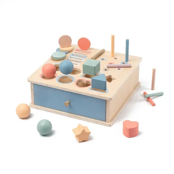 Cutie Montessori 4 in 1 cu bile, monede si sortare forme geometrice