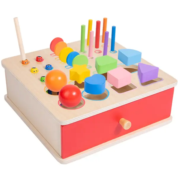 Cutie Montessori din lemn 5 in 1 cu sortator forme, bile colorate si joc de potrivire