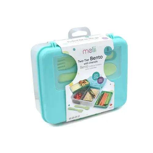 Cutie pentru pranz Melii Bento, Plastic, 5 compartimente, 118ml, 300ml, 190ml, 530ml, Transparent/Albastru