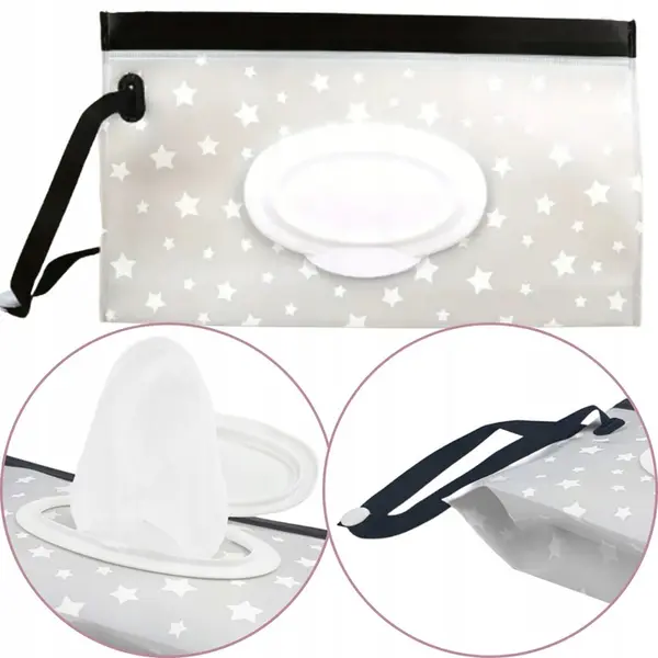Cutie portabila pentru servetele umede Bocioland Grey,cu capac, etansare dubla, agatatoare practica cu capsa, dimensiune 24x13.5x5 cm