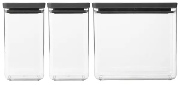Cutii pentru depozitarea produselor Brabantia - Tasty+ Stackable, 2 x 1.6 l și 1 x 3.5 l, Dark Grey, 3 buc