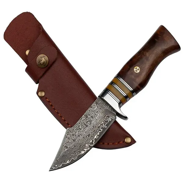 Cutit de vanatoare DEPOX , Oriental Cutting, otel damasc, 20.5 cm, maro, teaca piele