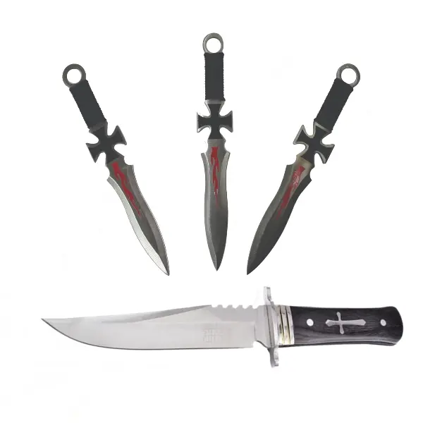 Cutit de vanatoare Tang Hunter si 3 Cutite de aruncat, DEPOX , 28 cm ,Otel inoxidabil