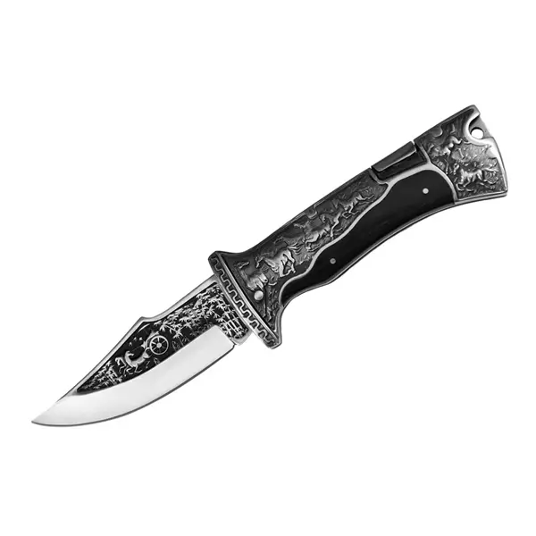 Cutit pliabil de vanatoare, DEPOX , lama inox clip point, maner metal si lemn, negru, 23 cm