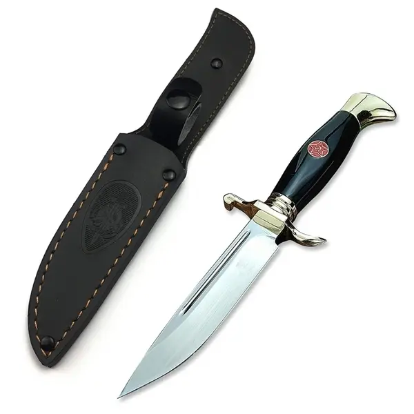 Cutit tactic de vanatoare, teaca din piele naturala, lama 440C, maner acrilic full tang, 26 cm, negru