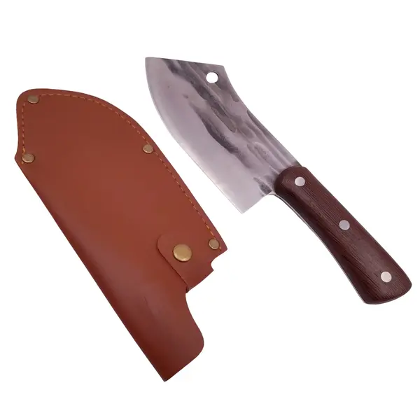 Cutit tip satar DEPOX , lucrat manual, Japan Buredo, 25.5 cm, otel inoxidabil, 220 g, maro, teaca piele inclusa