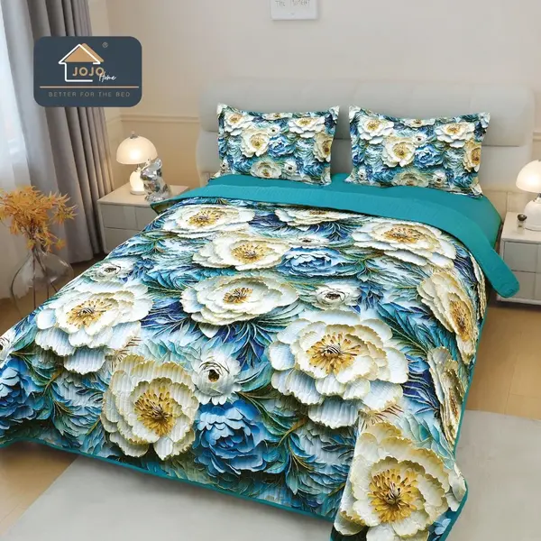 Cuvertura Matlasata, Bumbac Finet, cu Imprimeu 5D, 220x240cm + 2 fete de perna 50x70cm, Turquoise, Alb, Flori