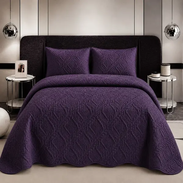 Cuvertura pat dublu, 3 piese, Catifea Matlasata, Mov