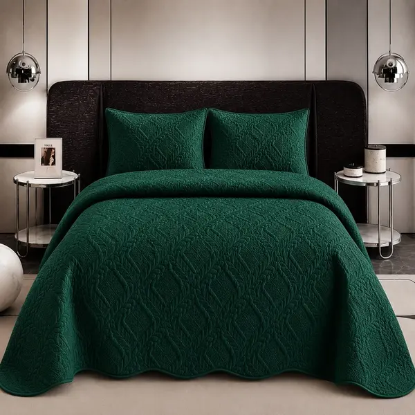 Cuvertura pat dublu, 3 piese, Catifea Matlasata, Verde