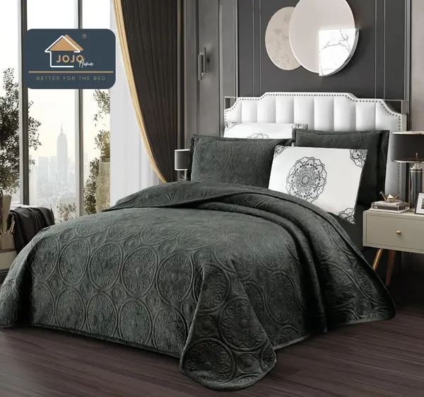 Cuvertura pat dublu, 5 piese, Finet Premium Matlasat, 220x240cm, Jojo Home, Gri Inchis