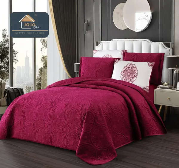 Cuvertura pat dublu, 5 piese, Finet Premium Matlasat, 220x240cm, Jojo Home, Grena