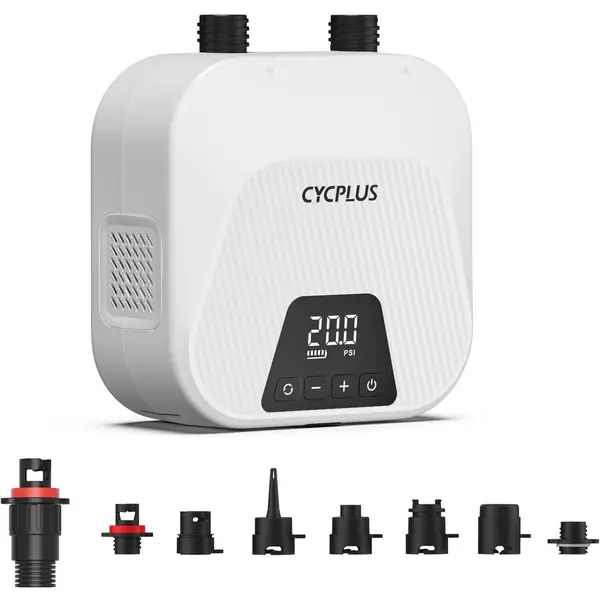 Cycplus Pompa electrica cu acumulator Cycplus D14PRO pentru SUP, Caiac, Kite, Saltea, 20PSI, 2600mAh, 2 etape umflare, Umflare-Dezumflare, 7 adaptoare, USB-C, Alb