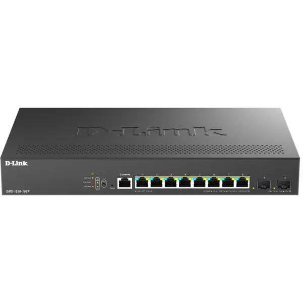 D-Link Switch D-Link DMS-1250-10SP, 8 porturi Gigabit, 2 porturi SFP+, Smart Managed de tip Layer 2, Negru
