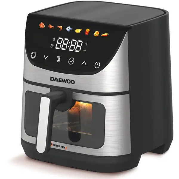 Daewoo Friteuza cu aer cald Daewoo DAF1600IX, 1600 W, display LED, capacitate 6.5 litri, 60 minute utilizare continua, 8 programe predefinite, temperatura reglabila 80-200 grade Celsius, finisaje inox, Negru